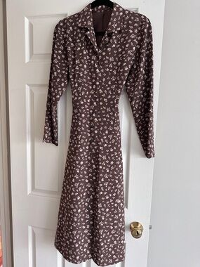 VTG Long Sleeves Belted Dress Brown White Floral Print Sz m/L